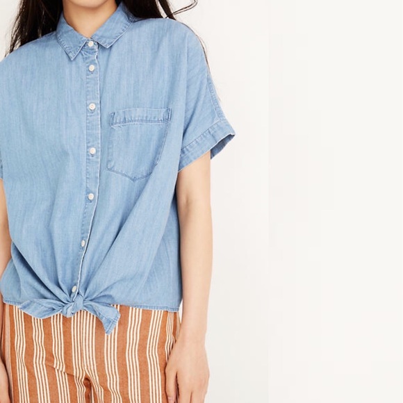 Madewell Denim Short Sleeve Tie Waist Top NWT - Picture 2 of 9